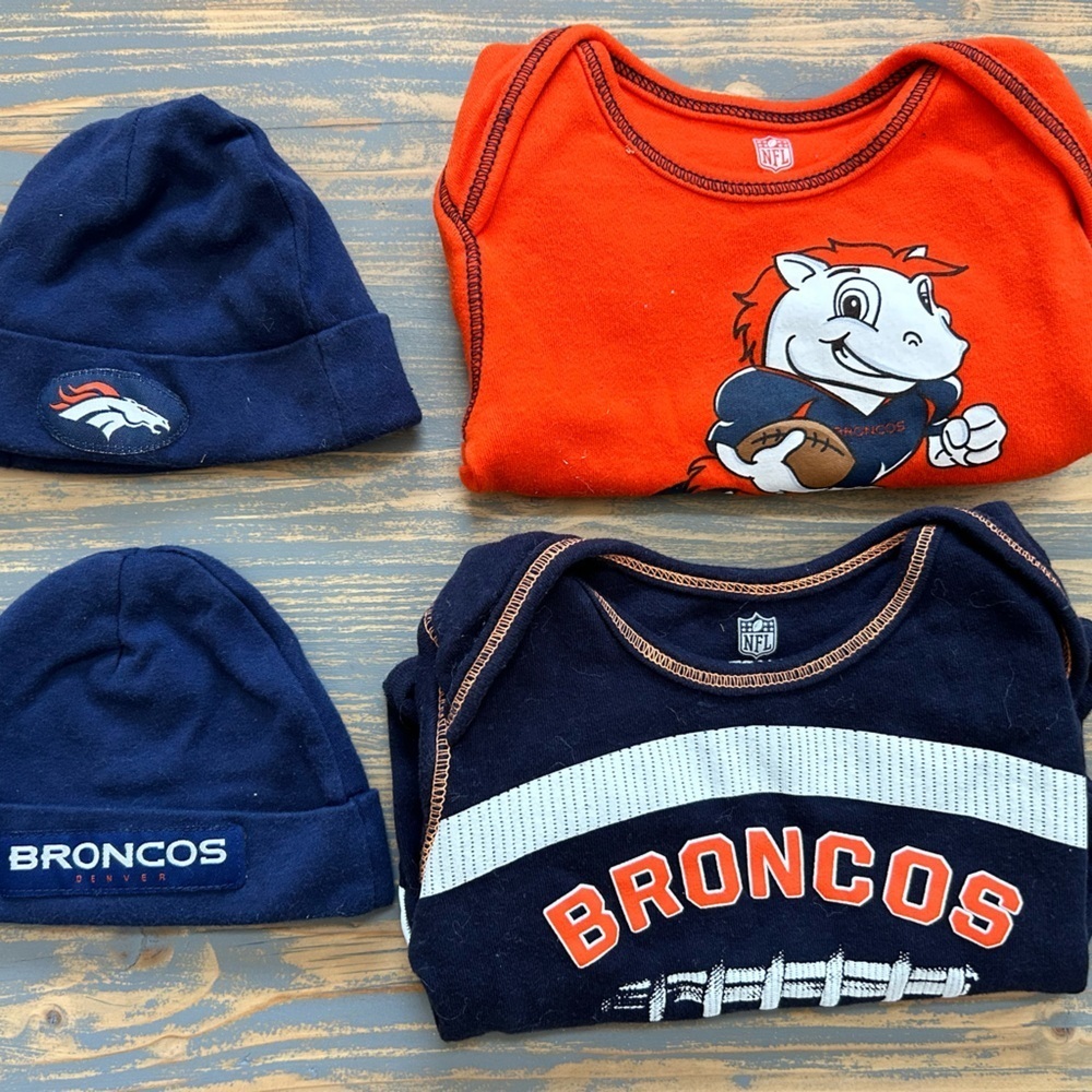NFL Denver Broncos Bundle 12 Month Onesies 2 Newborn Hats